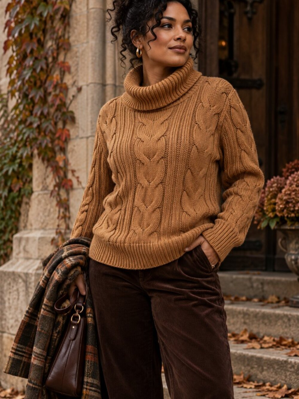 Banana Republic Cable Knit Turtleneck Sweater Medium Camel Cotton Wool Blend